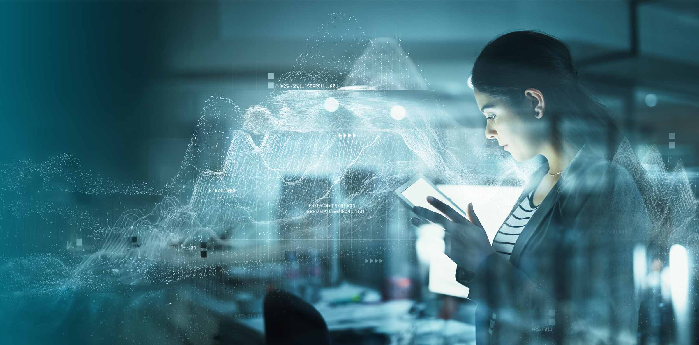 Woman working in office with data nodes surrounding