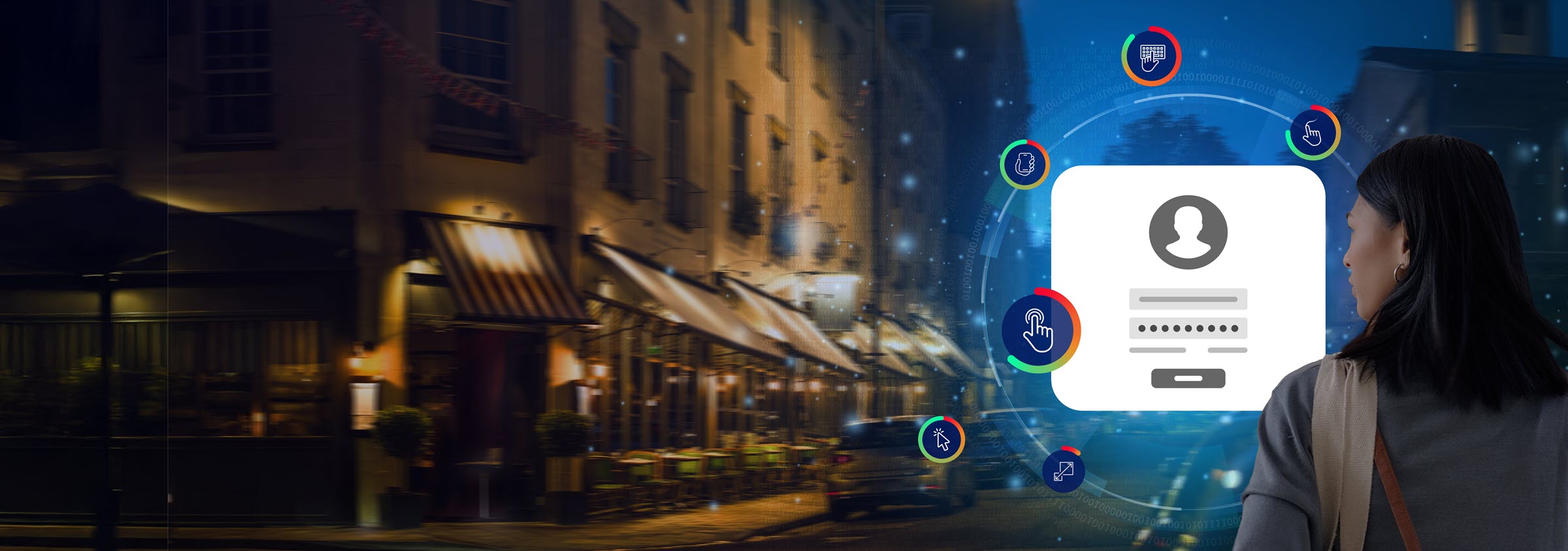 Woman walking down street with behavioral intelligence mid-ground