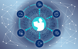 Person on their laptop with graphic overlay