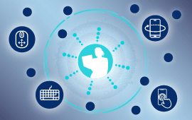 Person typing on their laptop with graphic overlay